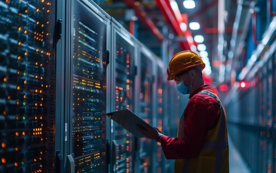 Technician monitoring servers in a high-performance data center